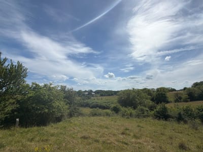 This is a horizontal, eye-level shot of a bucolic landscape on a cloudy day, likely in Lejre, Denmark. The foreground is a grassy field with a wooden post on the left. In the middle ground, a dense line of green trees and bushes creates a natural border. Beyond the trees, a small cluster of buildings, possibly a farm, is visible. The background is dominated by a bright blue sky with scattered white clouds. One of the clouds appears to have a faint rainbow or light refraction effect across it. The sun is likely behind the clouds, casting a diffused light over the scene, suggesting it is daytime. The overall mood is peaceful and serene, evoking a sense of rural tranquility. No people or animals are visible in the frame, and there is no discernible text.