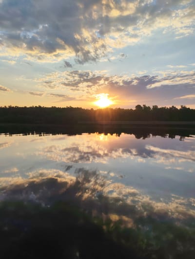 The image depicts a sunset over a body of water, likely a lake or river, in Ermolino, Russia. The sun is setting behind a line of trees in the distance, casting a golden glow across the scene. The sky is filled with clouds, reflecting the warm colors of the sunset. The water reflects the sky and trees, creating a mirrored image. The bottom of the image is dark, possibly indicating the foreground shoreline. There are no people visible in the image. The dominant elements are the natural landscape: the water, the sky, the trees, and the setting sun.
