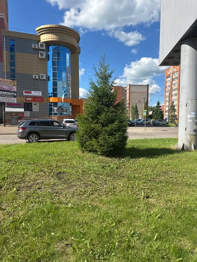 This is a photograph taken on a sunny day in Mariinsky, Russia. The image is oriented vertically. In the foreground, a grassy area with some weeds is visible. Behind the grass, a modern building with a glass facade is present, featuring blue reflective windows and several air conditioning units mounted on its exterior. Signs in Russian are affixed to the building, including "ШАРЫ ВСЕ ДЛЯ ПРАЗДНИКА" (Balloons Everything for the Holiday), "ИХМАХЕРСКАЯ" (Hairdresser's), and "EMOHT" (Repair). A gray SUV is parked on the road next to the building, and another white car is partially visible behind it. A small evergreen tree stands in front of the building. In the background, residential buildings and a pedestrian crossing sign are visible. The sky is blue with fluffy white clouds.