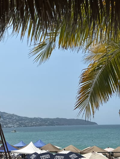 The image depicts a beach scene in Acapulco, Mexico. Palm leaves frame the left side of the view, partially obscuring a clear, blue sky. The ocean is visible in the distance, with a mountainous landmass behind it. Several beach umbrellas line the right side of the image, some bearing the "Amstel Ultra" logo. There appears to be a boat in the water. The presence of the umbrellas and palm trees suggests a tourist location.