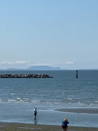 The image depicts a clear, sunny day with a wide expanse of blue sky dominating the upper portion. Below the sky, a calm, blue ocean stretches across the frame. In the distance, a chain of mountainous islands, partially obscured by a soft, white cloud bank, forms the horizon. In the middle ground, a long, dark breakwater constructed of large rocks extends horizontally across the water, creating a barrier. A black, pole-like marker with a rectangular top stands in the water to the right of the breakwater.
Closer to the foreground, the shallow water laps at a sandy and rocky shoreline. Two individuals are present in the water. On the left, a person stands partially submerged in the water, facing away from the viewer, wearing a white t-shirt and shorts and a baseball cap. On the right, another person with blonde hair, wearing a blue jacket and red shorts, is also partially in the water, facing away from the viewer. The water exhibits gentle ripples and the sunlight glints off its surface. The beach area in the immediate foreground is a mixture of sand and dark, wet debris. This scene is consistent with the waterfront area of White Rock, Canada, known for its beaches, breakwater, and views of the southern Gulf Islands.
