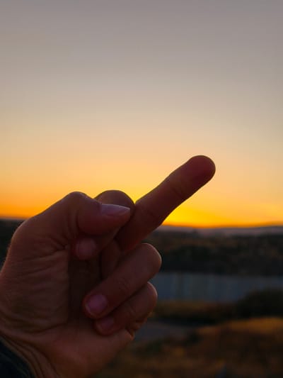 The image features a human hand, specifically a right hand, making a gesture with the middle finger extended upwards, silhouetted against a vibrant sunset or sunrise. The time of day is evident from the sky's gradient, transitioning from a brilliant orange and yellow near the horizon to a softer, muted grey-blue higher up, suggesting clear weather conditions.
The hand is prominently positioned in the foreground, largely in shadow due to the backlight, emphasizing its outline and the gesture. Details such as well-kept fingernails, with a light-colored polish visible on the thumb and other fingers, can be discerned upon closer inspection. The background depicts a blurred natural landscape with a distinct horizon line, suggesting distant hills or terrain under the twilight glow. The overall setting is outdoors, in an open, expansive environment.
The gesture conveyed by the hand typically communicates defiance, disrespect, or strong negative sentiment. The juxtaposition of this gesture with the serene beauty of the sunset creates a striking and potentially ironic visual narrative. No visible text is present in the image. The location context provided is Lachish Regional Council, Israel, which is consistent with the appearance of a sun-drenched, rugged landscape.