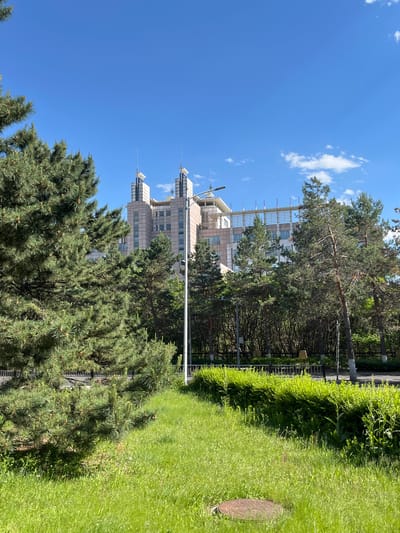 The image shows a sunny outdoor scene with a building partly visible among trees, grass, and a clear blue sky with some clouds. The building is light-colored with multiple floors and spire-like structures on top. There is a tall, slender light pole in the foreground. Green grass covers the ground on the right side of the image. The photo was most likely taken in Changchun City, China, based on the request.