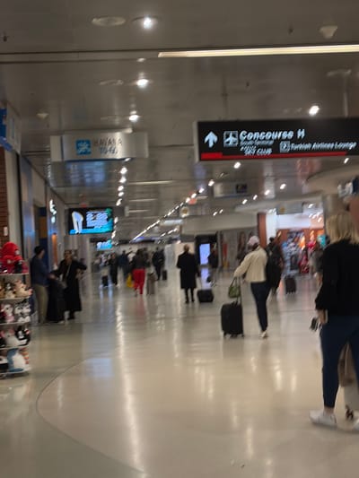 An airport concourse is filled with blurred figures pulling luggage. An overhead sign directs travelers towards Concourse H, South Terminal, and the Turkish Airlines Lounge. Shops line the lower portion of the frame displaying plush toys. The image is noticeably blurry and tilted.