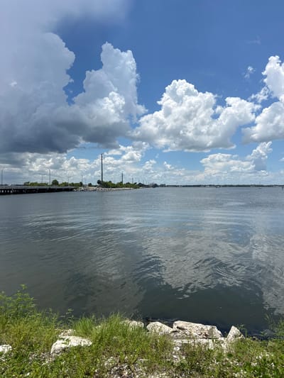 The image shows a wide body of water, likely a river or bay, under a partly cloudy sky. In the distance, a long bridge spans across the water, with a line of trees and utility poles visible on the far shore. The foreground features a rocky bank with green grass and some small plants. The water is calm with reflections of the clouds and sky. The scene appears to be a scenic view of a waterfront area in Melbourne, Florida, USA, characterized by its natural beauty and infrastructure.