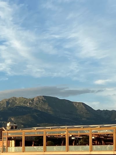 A wide shot captures the mountainous landscape of Kovačko Polje, Montenegro. The sky is a pale blue, dotted with wispy white clouds. In the mid-ground, a lush green mountain range dominates the scene, its rugged peaks catching the sunlight. In the foreground, a modern building with a glass facade and wooden accents is visible. The building's interior, partially visible through the glass, shows sparse furnishings and some greenery.