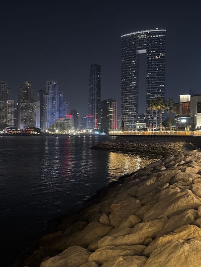 Night cityscape reflecting on water. Skyscrapers with illuminated windows line the horizon. Close to the frame's right edge, a rocky land formation dominates. Water ripples beneath, mirroring the city lights. Dark sky contrasts with the brightness of the urban landscape and the rock's texture, creating a blend of natural and artificial elements.