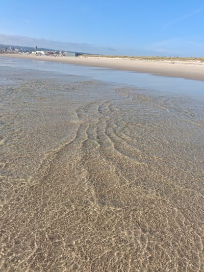 This image shows a beach in Figueira da Foz, Portugal, with the Atlantic Ocean lapping at the shore. The foreground is dominated by shallow water with a rippled surface, revealing the sandy seabed beneath. The tide line separates the wet sand from the dry sand of the beach. A line of dunes covered with vegetation runs along the beach, and in the far left, buildings are visible against a clear blue sky. The overall composition is from a low angle, with the camera oriented sideways.