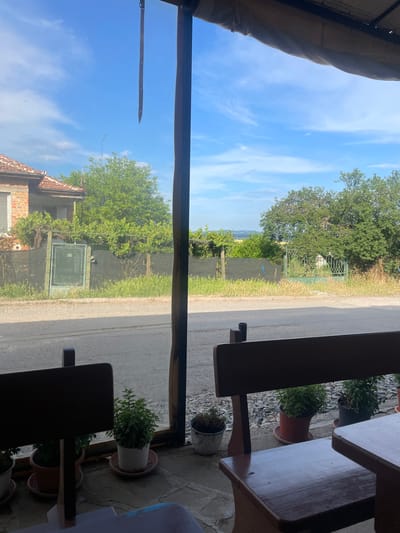 This image presents a static, daytime view looking out from an enclosed or semi-enclosed structure in Konstantinovo, Bulgaria, towards a rural or semi-rural street scene.
In the immediate foreground, dark wooden benches are partially visible, positioned with their backs towards the viewer, suggesting an outdoor seating area. On the right, a dark wooden table is also partially seen. Several potted plants, some in terracotta and some in white or black pots, are arranged on a flagstone or paved floor directly behind a transparent barrier. A dark vertical wooden or metal post, part of the framing for the transparent barrier, is prominent on the mid-right, with another partial post on the far left. A dark, narrow strip of material hangs vertically from the top edge of the frame, slightly left of center, against the sky. An awning or roof structure casts a shadow at the very top of the frame.
Through the transparent barrier, a paved road or street stretches horizontally across the mid-ground. Along the far side of the road, a strip of dry grass and weeds is visible. Beyond this, a dark mesh or chain-link fence runs parallel to the road. Two distinct gates are visible along this fence line: a dark green, rectangular metal gate with a solid panel on the left, and a more ornate, lighter green metal gate with decorative scrolling on the right, further down the road. Green foliage, including what appears to be trellised grapevines on the left, grows along and behind the fence.
In the background, on the far left, a brick house with a reddish-tiled roof is situated behind the fence. A white-framed window is partially visible on the house. To the right, beyond the fence, a dense collection of green trees forms a natural backdrop. In the distant background, rolling hills or fields are visible under a bright blue sky marked by scattered white, wispy clouds. No individuals are present, and no actions are depicted.