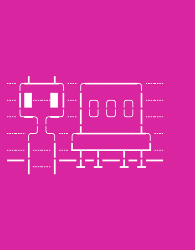 The image is a white line drawing on a bright pink background. The drawing depicts a stylized representation of a plug and an electrical outlet or a power strip with three sockets. The plug is on the left, with two rectangular prongs. The outlet or power strip is on the right, with three rounded rectangular sockets. Dashed lines are used to create a sense of connection or energy flow between the two components. The style is simple and geometric, reminiscent of pixel art or a circuit diagram. There is no indication of the city of Balakovo, Russia, or any specific urban environment.