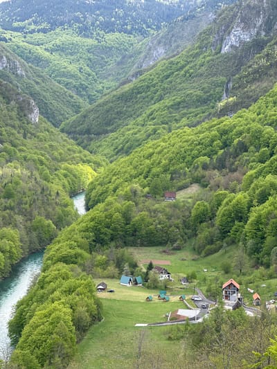 The image depicts a vertical view of a landscape in Đurđevića Tara, Montenegro. A river winds through a valley, flanked by densely forested hills on both sides. The trees are primarily green, indicating a verdant environment. On the right side of the image, there's a grassy area with a cluster of buildings, including small cabins with green roofs and a larger house with a red-tiled roof. A road or pathway connects the buildings. A white car is parked in front of one of the buildings. A rocky cliff is visible on the left side of the image, adding to the mountainous terrain. The overall scene suggests a rural or tourist area within a scenic natural environment.