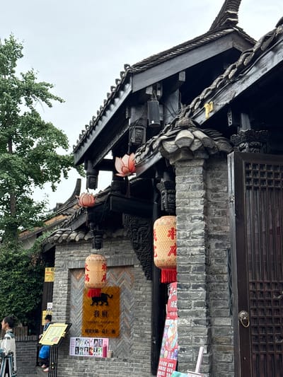 The image captures the facade of a traditional Chinese building, identified as "GENERAL MANSION 1776," located in Qingyang District, China, under an overcast sky. The structure features dark wooden beams and eaves, adorned with intricate carvings, and a multi-tiered roof covered in grey tiles. Two pink lotus-shaped lanterns hang from the wooden structure above the main entrance.

The building's lower section is constructed from grey brick masonry. A prominent rectangular wooden sign with a dark border hangs above the entrance, featuring a black silhouette of a panther or tiger. The sign displays Chinese characters "将府" (Jiang Fu) above the English text "GENERAL MANSION 1776," and "府邸火锅 · 请上二楼" (Mansion Hotpot · Please go up to the second floor) at the bottom. To the left of this main sign, a large cylindrical fabric lantern with red Chinese characters and red tassels hangs. Below it, a vertical red and white sign, partially obscured, shows "18元" (18 Yuan) and other promotional graphics. Several smaller posters featuring images of people are also attached to the wall. A gold-framed menu board stands on a black easel to the left of the entrance.

Two individuals are present on the left side of the scene. One person, viewed from the back and left side, wears traditional Chinese attire consisting of a white robe with dark blue or green trim and has hair styled in a bun. This individual is looking towards the left. Another person, dressed in a blue top and dark pants, is bent over, seemingly examining the menu board.

The entrance itself is a dark wooden door with a geometric lattice pattern, featuring a bronze lion's head door knocker in the center of the right door panel. A lush green tree with dense foliage is visible on the far left, extending upwards towards the grey sky. The ground is partially visible in the bottom left, appearing to be paved.