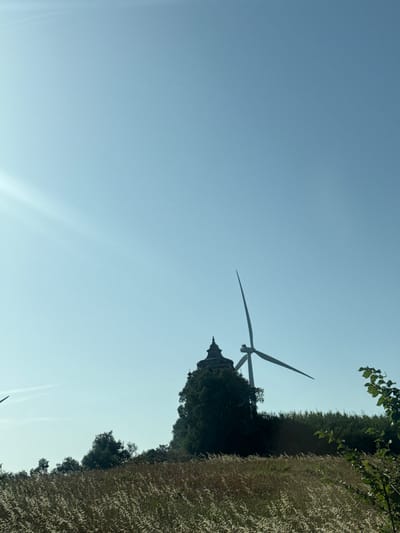 The image shows a landscape with a clear blue sky and a gentle breeze rustling through dry grass in the foreground. In the mid-ground, a silhouette of a building with a domed roof is visible, partially obscured by trees. Behind this structure, a wind turbine stands tall, its blades extended against the sky. The surrounding area is covered with vegetation, including trees and bushes, suggesting a rural or semi-rural setting. The light suggests it is daytime, likely late morning or early afternoon. The location is identified as Torres Vedras, Portugal.