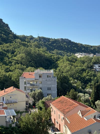 The image captures a sunny day in Rafailovići, Montenegro, showcasing a dense, green hillside dotted with buildings. In the foreground, several buildings with terracotta tile roofs are visible, including a light yellow building with balconies and a pink building with modern architectural elements. A multi-story, light grey apartment building with balconies stands centrally, partially obscured by trees. Further up the hill, larger white buildings are nestled amongst the lush foliage. The sky is a clear, vibrant blue. The scene depicts a residential area integrated into a natural, hilly landscape.