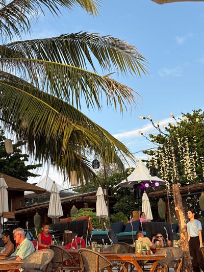 The image displays an outdoor dining and lounge area in Ban Ko Li Pe, Thailand, under a clear blue sky with scattered white clouds. Large palm fronds overhang the upper portion of the scene. In the foreground and mid-ground, several individuals are seated at wooden tables with wicker-style chairs.
On the left, an older male with gray hair and glasses, wearing a light green polo shirt, is seated at a table. A woman with dark hair is partially visible next to him. A young boy in a red shirt stands or sits to the right of the first male, looking right with his mouth slightly open. In the mid-ground right, a woman in a light blue short-sleeved top and dark pants stands erect, facing right, with her hands clasped in front. Further back, a man in a yellow shirt is seated at a table, holding a dark object, possibly a phone or camera, towards the right. An individual with dark hair and sunglasses sits next to him. Other patrons are visible seated in lounge areas featuring dark woven sofas with blue cushions.
The background includes a multi-level building with a thatched roof and a glass-paneled balcony railing. Multiple white outdoor umbrellas, some folded, are positioned throughout the area. Decorative elements include strings of white globe lights suspended from a pole on the right, a white pyramidal tent structure with purple stage lights underneath, and various hanging lanterns, including black woven and white rectangular designs. Green foliage and other trees are visible behind the structures. A rustic wooden post stands prominently on the right side of the frame. A red lifebuoy is partially visible on a post in the mid-left.