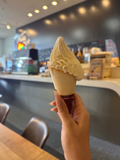 A hand delicately holds a white ice cream cone with a decorative swirl of soft serve on top. The cone has a burgundy paper wrap. The background shows a blurred cafe interior, with lighting fixtures and various objects suggesting a food service establishment. The focus is on the ice cream and the hand holding it.