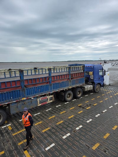 The image captures a large blue truck parked on the textured metal deck of a vessel, likely a ferry or barge, traversing a wide body of water under an overcast sky. A man stands on the deck to the right of the truck, facing the camera.

The man wears a blue cap, a dark long-sleeved shirt, black pants, patterned shoes, and a bright orange safety vest with some dark text, which is illegible. The truck is a heavy-duty vehicle with a multi-axle trailer, loaded with cargo seemingly covered by light-colored tarpaulins and enclosed by blue metal frameworks. A yellow jerrycan is mounted on the side of the truck's cabin, and some indistinct Chinese characters or a logo are visible on the cabin door.

The vessel's deck has a dark, anti-slip surface marked with numerous yellow and white dashed lines, along with metal tie-down rings. In the background, a calm body of water extends to a distant, flat shoreline. The sky is entirely covered with light grey, wispy clouds, suggesting an overcast day. The overall lighting indicates it is daytime. The scene depicts a routine transportation operation, possibly across a river or large lake in China.