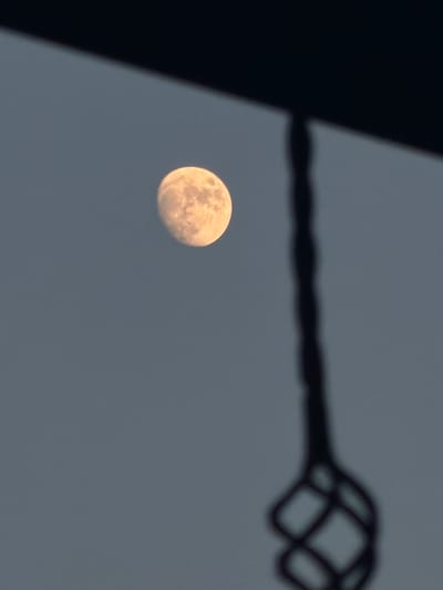 The image captures a full moon in a dusky sky, with a dark silhouette of what appears to be a metal fence or railing in the foreground. The moon is a prominent subject, appearing large and luminous with visible craters and surface details. Its warm, yellowish-orange hue suggests it might be near the horizon, possibly during sunrise or sunset, or possibly due to atmospheric conditions.
The dark silhouette in the foreground is out of focus and appears to be a decorative element, possibly part of a fence or gate, with an intricate, repeating pattern. This element runs horizontally across the upper portion of the image, partially obscuring the sky. To the left, a large, dark, angular shape, also in silhouette, occupies the left edge of the frame, suggesting the presence of a building or a large object casting a shadow.
The sky is a muted, even gray, indicating twilight conditions or possibly overcast weather, though the moon's brightness contradicts significant cloud cover directly around it. The overall mood is serene and somewhat mysterious, with the stark contrast between the bright moon and the dark silhouettes. There is no visible text in the image. Given the location context of Chirchik, Uzbekistan, this could be a common sight in a residential or public area with such decorative ironwork.