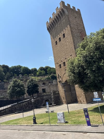 This is a vertical, eye-level, outdoor medium shot of a historic stone tower in Florence, Italy, on a clear, sunny day. The tower is a prominent subject, made of rough-hewn stone blocks and featuring a crenellated top. Below the tower, a stone wall with arched openings runs along a grassy area. A paved walkway and a road are visible to the right of the wall, with a lamppost and a purple parking meter. A sign with a blue "P" indicates parking is available. Another sign with blue arrows and the words "PARCHEGGIO PARKING POSTI" is also visible. Trees with lush green foliage are scattered throughout the scene, with a large tree partially obscuring the upper portion of the tower. The overall impression is one of ancient architecture and urban greenery under a bright sky. There is no discernible activity or people in the frame.