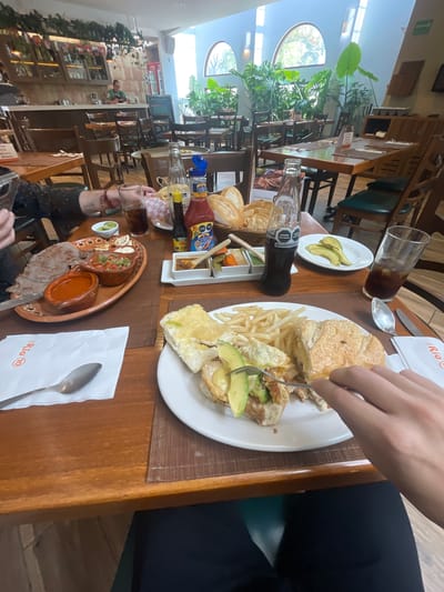 The image depicts a dining scene at a restaurant. On the table, there is a plate of food including a sandwich with avocado, french fries, and a side of sliced avocado. There is also a plate with meat, guacamole, and a sauce, accompanied by a basket of bread and chips. A bottle of Coca-Cola and a glass of soda are also visible. In the background, the restaurant's interior is visible with tables and chairs. The overall impression is that of a casual meal being enjoyed. The location in Cuautitlán Izcalli, Mexico, is inferred from context not present in the image itself.