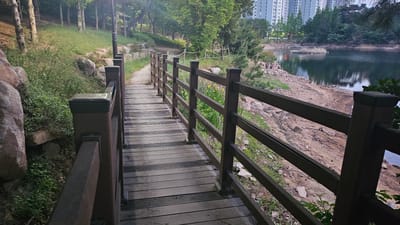 The image depicts a wooden bridge in a park-like setting located in Ulsan, South Korea. The bridge has dark brown wooden railings on both sides and spans a small body of water. The water reflects the surrounding trees and buildings, including high-rise apartments in the background. The shoreline consists of sand and rocks. The vegetation includes grass, bushes, and trees, with some yellow flowers visible. The sky is overcast. There are no people visible in the image.
