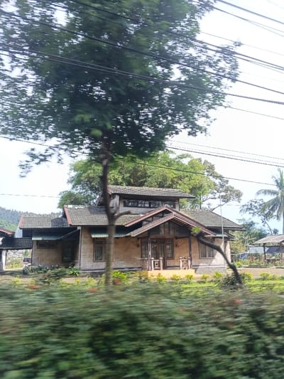 The image captures a rural or semi-rural scene, likely taken from a moving vehicle due to the motion blur in the foreground. The primary subject is a single-story house with a prominent, dark tiled roof and a distinct, elevated front entrance featuring wooden pillars and railings. The house exterior appears to be made of a light brown or beige material, possibly stucco or rough plaster, with dark wooden window frames and doors. A taller section of the house with windows is visible towards the rear.
In the immediate foreground, blurred green bushes and foliage obscure the lower part of the scene, while a dark-barked tree with dense green leaves stands centrally, partially obstructing the view of the house and extending towards the top of the frame. Several black power lines stretch horizontally across the upper portion of the image.
Surrounding the house are various green trees and plants, contributing to a lush environment. To the far right of the house, a simple open-sided structure, possibly a shed or gazebo with a dark roof, is visible. In the distant background on the left, faint outlines of mountains or hills can be seen under a bright, possibly overcast, sky. The time of day appears to be daytime, with ample natural light but no harsh shadows, suggesting clear weather. No specific activity or people are visible, and there is no discernible text in the image. The setting, with its traditional house style and abundant greenery, is consistent with the provided location context of Carcar, Philippines.