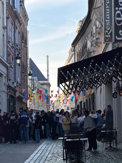 The image shows a bustling pedestrian street scene in Reims, France. A dense crowd of people is visible, primarily on the right side of the frame, suggesting a possible event or attraction. Many colorful triangular flags are strung across the street, adding a festive atmosphere. On the left, classic European architecture dominates, with intricate facades and a sign indicating a restaurant. The buildings on both sides create a narrow corridor effect, intensifying the feeling of activity. A large black awning extends over part of the street. The environment is a mix of historical architecture and modern life, characteristic of European city centers.