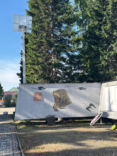 The image shows a monument in the city of Soloneshnoye, Russia. The monument is a large, angular structure made of concrete and decorated with relief sculptures. In the center of the monument, there is a relief of a human profile made of stone and what appears to be feathers or wings. To the left of the profile, there is a plaque with text in Russian and a medal. The plaque reads "ГЕРОЙ СОВЕТСКОГО СОЮЗА" (Hero of the Soviet Union), "ДАВЫДОВ" (Davydov), "АНДРЕЙ" (Andrei), "ЯКОВЛЕВИЧ" (Yakovlevich). There are also depictions of stylized birds or wings in flight. In front of the monument, there are several red flowers on the ground, likely placed as tributes. To the right, a wreath with pink and white flowers rests on a stand. The monument is situated in an open area with a paved walkway to the left and a gravel-covered ground with grass and sparse vegetation. Tall evergreen trees are visible behind the monument, and a bright blue sky is overhead. A tall pole with a square panel on top, possibly a light or speaker, is to the left of the monument. In the background, buildings and a distant hillside can be seen.