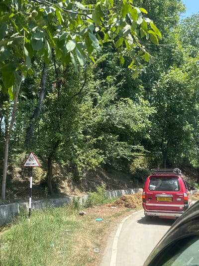 The image depicts a roadside scene in Vessu, India, characterized by lush green foliage and a clear sky. A red Chevrolet vehicle, with license plate JK03D 7206, is visible on a paved road that curves to the right. The vehicle has a roof rack and tinted windows, with at least two individuals partially visible inside. A speed limit sign indicating "20" is positioned on the left side of the road, next to a striped pole. The roadside is lined with grass, some dry hay-like material, and debris, suggesting a rural or semi-rural setting. The background is dominated by dense trees, creating a natural, shaded environment.