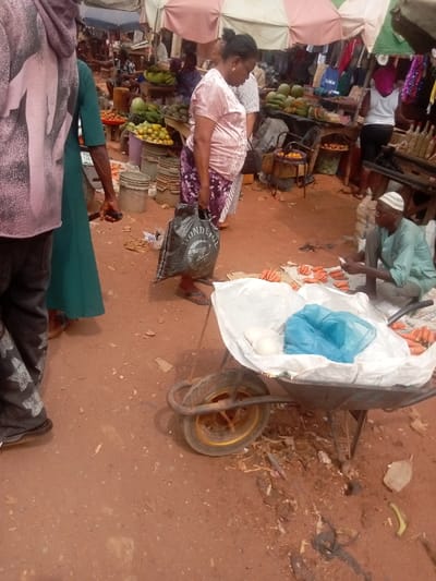This image captures a bustling open-air market scene in Nnobi, Nigeria. The ground is reddish-brown dirt, uneven and scattered with organic and inorganic debris, including a banana peel.
In the foreground on the left, a partial view of a person wearing dark patterned trousers and a pink-and-dark patterned hoodie is visible. Adjacent to this, another individual in a long teal garment presents a partial profile, their right arm extended.
Centrally positioned in the midground is a woman in a light pink short-sleeved top, a purple, white, and green floral patterned skirt, and dark flip-flops. She holds a full black plastic "WONDERFUL" branded shopping bag in her left hand, her gaze directed downwards and to her right.
To the right, an elderly male vendor, identifiable by his white skullcap and light green long-sleeved shirt, squats on the ground. He is actively processing a spread of approximately two dozen orange carrots laid on a white ground cover, holding a small white object, possibly a peeler, in his right hand.
A black metal wheelbarrow with a single wheel is situated in the lower right portion of the image. Its basin contains a large white plastic bag, which in turn holds a smaller blue plastic bag and several carrots. More carrots are scattered on the ground adjacent to the wheelbarrow.
The background reveals multiple market stalls operating under assorted awnings, some striped (pale pink and white), others solid light colors. These stalls display a variety of fresh produce, including green bananas, green mangoes or avocados, yellow citrus fruits, and watermelons. Stacked white buckets are visible near one stall, and bottles containing various liquids are present on a stall further to the right. Additional market patrons and vendors are partially visible amidst the stalls, engaging in transactions or tending to their goods.