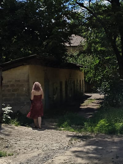 A woman with curly, light brown hair walks away from the camera down a dusty, gravel path. She is wearing a sleeveless, dark red dress that reaches her knees and black sandals. Her back is to the camera, and she appears to be holding a leash, though no dog is visible.
The setting is rural, with a long, low, weathered building to her left. The building has a textured, light-colored facade, possibly stone or stucco, and a dark, sloped roof. Several dark openings, resembling doors or windows, are visible along its length. To the right of the path, dense green foliage and trees create a shaded canopy, with dappled sunlight filtering through. In the background, partially obscured by trees, is another building with a corrugated roof.
The scene suggests a warm, sunny day. The lighting indicates it is likely late morning or early afternoon. The overall atmosphere is tranquil and somewhat overgrown, hinting at a rural or semi-abandoned area. There is no visible text in the image. The activity is a person walking on a path, possibly with a pet, through a natural and somewhat rustic environment.