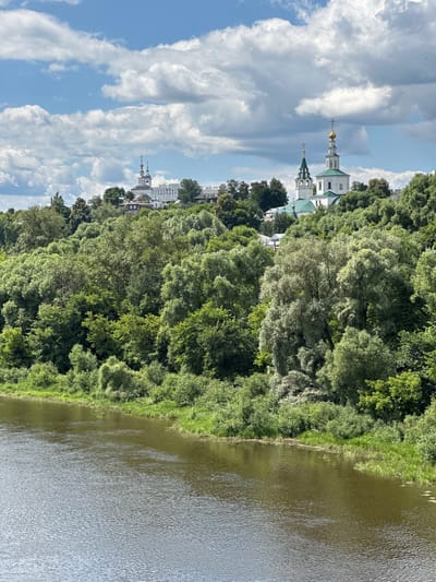 The image shows a panoramic view of the riverbank in Vladimir, Russia. A wide, calm river occupies the lower left portion of the frame, reflecting the sky and surrounding greenery. The riverbank on the right is densely covered with lush green trees and foliage, forming a thick forest.

On the hilltop beyond the trees, several white and green domed buildings are visible, characteristic of Orthodox churches. One prominent church features a tall green spire topped with a golden dome and a cross, while another nearby structure has a white facade with multiple domes and crosses. A modern building with a white facade and several windows is situated behind these older structures, suggesting a blend of historical and contemporary architecture in the area. The sky above is partly cloudy with fluffy white clouds against a bright blue background. The overall scene depicts a serene natural landscape with notable religious architecture.