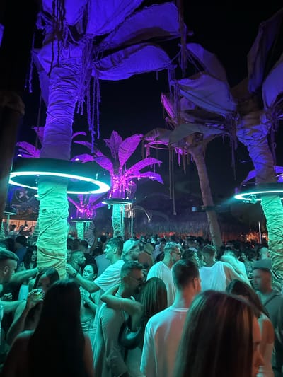 The image captures a lively nighttime scene at a beach club in Sozopol, Bulgaria. The environment is illuminated by vibrant purple and green lights, accentuating the tropical ambiance created by artificial palm trees wrapped in rope. A large crowd of people is densely packed, suggesting a party or event in full swing. Some individuals are seen holding drinks, while others are engaged in conversation or dancing. The overall atmosphere appears energetic and festive.