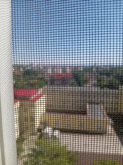 The image, taken from a window in Vidin, Bulgaria, shows a view through a window screen. The screen mesh is visible in the foreground, creating a grid pattern over the scene beyond. Through the screen, the viewer can see rooftops of buildings, some with red tiles, and the green foliage of trees. The sky above is a clear blue. A white window frame is visible on the left side of the image. The perspective suggests the photo was taken from an elevated position, looking out over a residential or mixed-use urban area. There are no people or discernible actions captured in this scene.