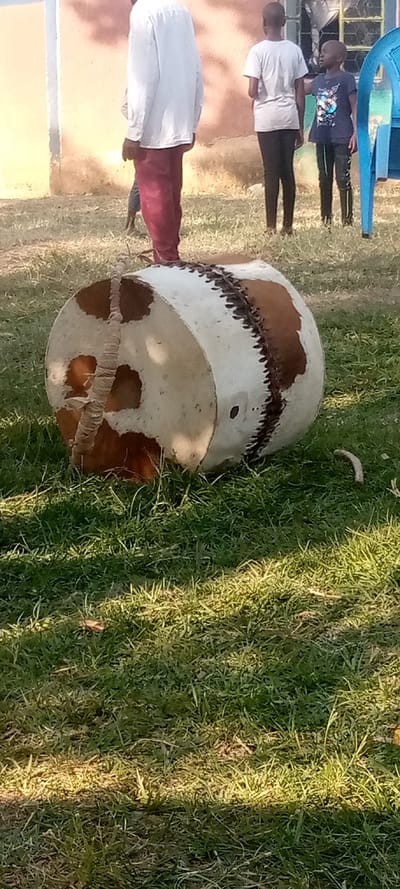 The image displays an outdoor scene in Burundu, Kenya, centered around a large, traditional drum.
**Subjects:** The main subject is a prominent, barrel-shaped drum resting on green grass in the foreground. In the background, several individuals are visible, appearing somewhat out of focus. These include an adult male seen from behind, wearing a white long-sleeved shirt and reddish-brown pants. To his right, a younger person stands in a grey t-shirt and black leggings, alongside a child dressed in a dark t-shirt with a bright design and dark patterned leggings.
**Objects:** The drum is crafted from animal hide, featuring distinct patches of white and brown, characteristic of cowhide. It exhibits detailed lacing along its cylindrical body and on one of its circular ends, which serves as a decorative or structural element. A portion of a blue plastic chair is visible on the far right of the frame.
**Scene/Setting:** The setting is a grassy area under clear, bright daylight, indicated by strong shadows on the ground. In the background, there's a building with an earth-toned, possibly orange-brown, wall.
**Activity or event taking place:** There is no specific activity overtly depicted. The individuals in the background appear to be standing or observing, not directly interacting with the drum or each other in a specific event. The drum lies on its side, suggesting it might be stored or awaiting use for a cultural or musical occasion.
**Notable details:** The time of day is clearly daytime, given the strong sunlight and shadows. The weather appears clear and sunny. The craftsmanship of the drum, made from animal hide with lacing, suggests a traditional cultural artifact. The location context is Burundu, Kenya. Emotions of the distant figures are not discernible.
**Visible text:** No visible text is present in the image.