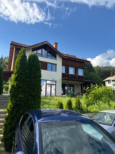 The image depicts a residential scene in the city of Anton, Bulgaria, on a clear, sunny day with a blue sky and scattered white clouds. A prominent multi-story house occupies the central and left-midground, featuring a white stucco facade contrasted with dark brown wooden accents and a red tile roof. Numerous large windows with dark frames reflect the sky. Solar panels are visible on the roof, and a brick chimney extends from the right side. A wooden balcony extends from the upper floor on the right, beneath which is a covered patio.
One adult male, wearing a light-colored top and dark pants, stands on the covered patio, mostly with his back to the viewer. Two dogs, one light-colored and one darker, are positioned near him on the patio.
The foreground features lush green grass and several tall, slender dark green conifer trees. A small vineyard with vibrant green foliage is visible to the right of the main house. Concrete or stone steps ascend a slope on the left side, partially obscured by the trees.
In the immediate foreground, the front portion of a dark blue car is visible on the left, with its hood and windshield reflecting the sky. A circular indentation is present on the car's roof above the windshield. An "Areon" brand air freshener hangs inside the car, visible through the windshield. To the right and slightly behind the blue car, the front section of a silver or light gray car is partially visible.
In the distant background, dense green forest covers rolling hills, and a smaller, light-colored house with a brown roof is partially visible on the far right, nestled among the trees.