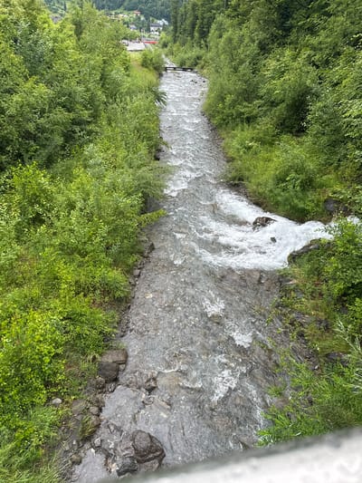 This is an aerial, medium-shot image of a fast-flowing river cutting through a densely wooded valley in Hüsen, Switzerland. The river, filled with rocky debris, is a turbulent grey-blue, with white foam churning over submerged stones. Lush green trees and bushes line both banks, with some taller trees forming a dense canopy further up the slopes. In the distance, a small settlement is visible, nestled among the hills and trees, with a red building and what appears to be a small wooden bridge spanning the river. The overall atmosphere is one of natural, untamed beauty, with the river dominating the landscape.