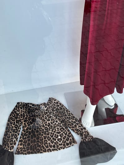The image provides an angled, close-up view into what appears to be a shop window or display case in Koridallos, Greece. The composition features parts of a mannequin and two distinct pieces of clothing.
In the upper left section of the frame, a segment of rich, dark red fabric is visible. This material, possibly velvet or a similar textured cloth, displays a subtle, repeating patterned texture. It is likely part of a garment, such as a skirt or dress.
Towards the center-right, a white, foot-like object, clearly a mannequin's foot, is positioned, suggesting movement or a pose. Below and to the right of the mannequin's foot, a garment featuring a classic black and tan leopard print is displayed. This item appears to be a top or dress, with visible sleeves, draped or folded within the display.
The background consists of a bright, reflective surface, predominantly white or light grey, which reflects elements of the displayed items, such as the red fabric. This reflective surface creates a sense of depth and brightness within the display. No people are visible, nor is there any discernible text. The time of day and weather cannot be determined from the image.