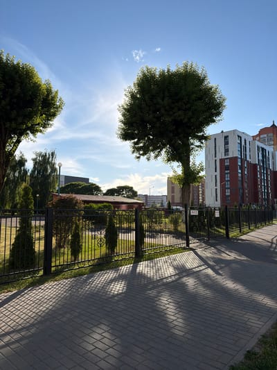 This is a vertical, medium-angle shot taken outdoors on a sunny day with some wispy clouds in a bright blue sky. The scene depicts a paved walkway with a decorative black metal fence running alongside it. Beyond the fence, there is a well-maintained lawn with scattered trees and shrubs. In the background, several modern apartment buildings are visible, with some featuring red brick accents and white paneling.
The walkway is paved with gray interlocking bricks, and dappled sunlight casts shadows from the fence and trees onto it. The fence has an ornate design with scrolling metalwork at the top. A large tree with lush green foliage stands prominently in the mid-ground, casting a significant shadow. Further back, smaller trees and manicured bushes are visible, creating a sense of order and landscaping.
The apartment buildings are multi-story structures with numerous windows. One building in the foreground has a distinctive pattern of red bricks and white sections. Another, further back, is a taller, darker building.
There is no discernible activity or event taking place; the image appears to capture a peaceful, everyday scene in a residential area. The overall mood is serene and bright, suggesting a pleasant day.
Visible text: On a sign attached to the fence, there appears to be Cyrillic text, possibly a street name or address. The text is "ВЫЕЗД 503" which translates to "EXIT 503". Another sign near the building reads "ПРАВИЛА ОБЯЗАТЕЛЬНЫ" which translates to "RULES ARE MANDATORY".
The setting is identifiable as Brest, Belarus, due to the architectural style of the buildings and the presence of Cyrillic text. The time of day is likely late morning or early afternoon, given the bright sunlight and the angle of the shadows.