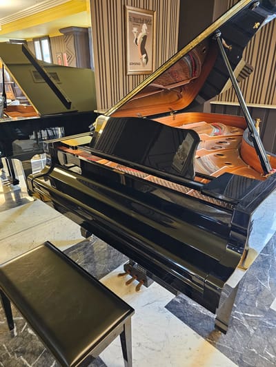 A grand piano with its lid open dominates the scene, positioned on a marble floor. The interior of the piano is visible, revealing its strings and mechanisms. Next to the piano is a black piano bench. The backdrop consists of striped walls and architectural details suggesting an interior space. A framed picture hangs on the wall near the piano. The location is likely in Архангельское, Russia, based on the context. The room seems to be part of a historic or upscale building.