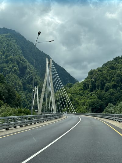 The image shows a view from a vehicle driving on a modern cable-stayed bridge that spans a valley in Kepsha, Russia. The bridge has a two-lane asphalt road with white and yellow lane markings. Metal railings line the sides of the bridge. In the distance, a white car is visible on the bridge. The bridge's support towers are concrete structures from which numerous white cables extend to hold up the bridge deck. Lush green, densely forested mountains rise steeply on either side of the valley. The sky is overcast with grey clouds, suggesting a cloudy or possibly rainy day. Two streetlights are mounted on a pole near the left side of the bridge.