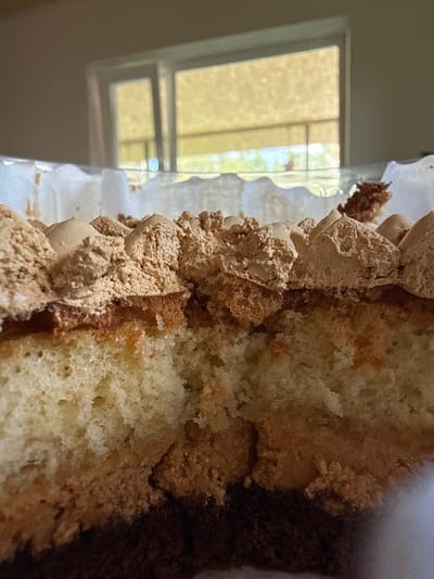 A close-up, eye-level shot shows a slice of cake with layered sponge cake, a thin layer of caramel or similar filling, and a topping of swirled coffee-flavored frosting and crumbled cake pieces. The cake is in a clear plastic container lined with white parchment paper. In the blurred background, a window with light-yellow blinds is visible. The scene is indoors, suggesting a domestic setting.