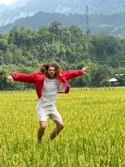 A man with long, curly dark hair and a beard is captured mid-air or in an energetic jumping pose within a vibrant rice paddy field in Ngọc Đường Commune, Vietnam. He is wearing a red jacket over a white t-shirt and white shorts. His arms are outstretched, and his mouth is open in an expression of excitement or joy as he looks towards the camera.
The scene is an idyllic rural landscape. The foreground and midground are dominated by a lush field of maturing rice, displaying rich shades of green and golden yellow. Behind the rice field, a dense line of dark green trees forms a verdant backdrop, leading to majestic, hazy blue-green mountains that stretch into the distance. The sky is clear and bright, indicating a sunny day, likely morning or afternoon.
In the far background, nestled among the mountains and trees, a tall, grey metal lattice tower is visible, possibly a power transmission or telecommunications structure. Faint power lines also cross the upper portion of the scene. A small, light-colored building is partially visible behind the trees on the right. The man's bare feet are slightly visible, touching the rice plants. A circular logo or design is present on his white t-shirt, though any text is illegible. The overall atmosphere of the image is one of exhilaration and enjoyment amidst nature.