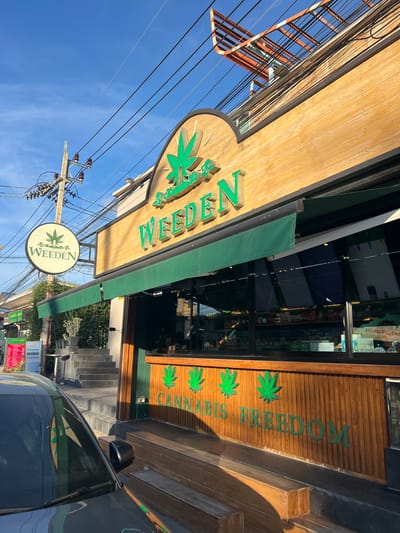 A street-level, medium shot captures the facade of a cannabis shop called "WEEDEN" on a sunny day in Baan Bang Rak, Thailand. The shop features a wooden exterior with a large green awning and illuminated green signage. Above the awning, the word "WEEDEN" is prominently displayed in large, raised green letters. A circular sign to the left, also featuring a cannabis leaf logo, reads "WEEDEN" and "CANNABIS FREEDOM". Below the awning, a wooden wall displays "CANNABIS FREEDOM" in raised green lettering, flanked by large green cannabis leaf cutouts. The entrance to the shop is visible through large glass windows, revealing shelves stocked with products. In the foreground, the hood and windshield of a dark-colored car partially obscure the view of the shop's entrance. To the left of the shop, a set of concrete stairs leads up to a building entrance, and further left, a utility pole with numerous electrical wires stands against a clear blue sky.