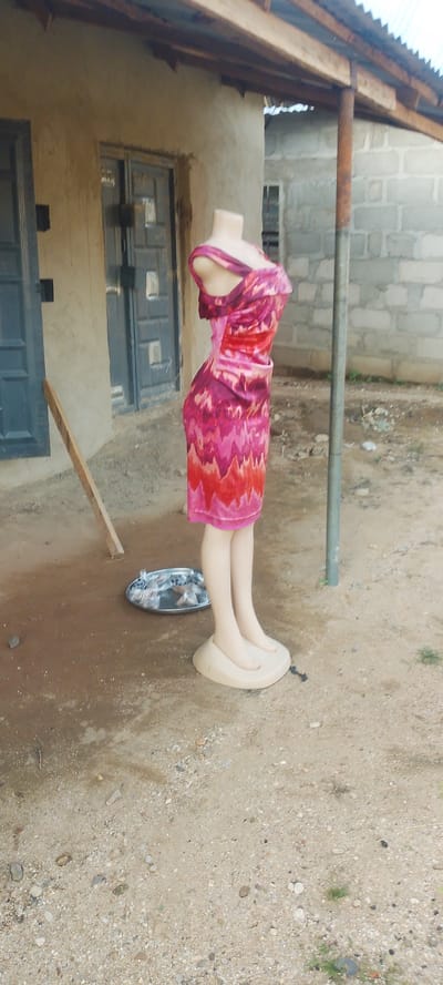 A mannequin dressed in a vibrant pink and red patterned dress stands outside a building. The dress has a sweetheart neckline and a ruched effect around the waist. The mannequin is on a beige stand, and its legs are visible. In front of the mannequin, on the ground, is a metal tray filled with what appear to be small, rocky objects.
The building behind the mannequin is constructed with rough, earthy-colored walls and has a corrugated metal roof supported by wooden beams and a metal pole. There are doors and windows visible on the building. To the right of the building, a structure made of concrete blocks can be seen, suggesting it might be another building or a wall.
The ground is a mixture of dirt and small pebbles. The scene appears to be outdoors, likely in a rural or semi-rural setting. The lighting suggests it is daytime, possibly a cloudy day as there are no harsh shadows. The overall impression is of a commercial or workshop area where clothing is displayed. There is no visible text in the image.