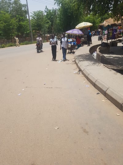 The image depicts a street scene in Dabawa, Nigeria. A concrete curb lines the top-left portion of the frame. A group of pedestrians and vendors are gathered near the curb. One man is standing and wearing a white patterned shirt and dark trousers. A motorcyclist in a black and white patterned shirt is visible further down the road. A light-colored dog is walking in the street, to the left of the motorcycle. Green trees line the left side of the street. The asphalt road is light brown.