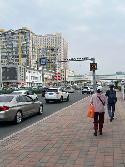 The image, originally rotated 90 degrees clockwise, depicts a bustling urban street scene in Changchun City, China, on an overcast day. A wide sidewalk, constructed from red and grey interlocking pavers, occupies the right side of the frame, running parallel to a multi-lane road filled with cars.
Two people are seen walking away from the camera on the sidewalk. The person closer to the foreground wears a light-colored jacket, dark maroon pants, and a white baseball cap, carrying a bright orange reusable bag. Chinese characters are visible on the bag, appearing to be "质量保证" (quality assurance) or similar text. Further ahead, a second person is walking, wearing a dark blue backpack and dark attire.
To the left of the sidewalk, a multi-lane road is busy with vehicles, many of which are white or silver sedans and SUVs, suggesting moderate traffic or parked cars. A light-colored sedan is visible in the immediate foreground on the road. Dominating the left side of the image is a tall traffic light pole equipped with a digital display showing the number "80". Below the digital display, a blue sign with a white icon resembling a surveillance camera is mounted.
Lining the street are numerous tall, multi-story buildings, typical of an urban environment, with many windows and varying architectural styles. Some buildings display signage with Chinese characters, though they are mostly indistinct due to distance. Red spherical lanterns, a common decoration in China, are also visible in the background, adding a cultural touch. The overall scene portrays a regular daytime activity in a vibrant Chinese city.