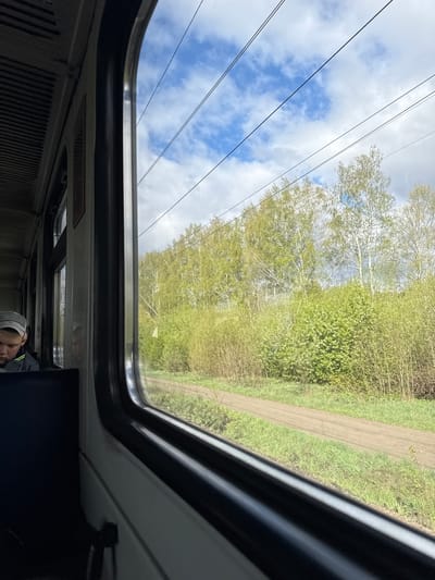 The image shows a view from inside a vehicle, possibly a bus or train, through a large window. Outside, there are trees with light green foliage and a dirt or gravel path running alongside them. The sky is visible with patches of blue and white clouds, and overhead power lines stretch across the frame. Inside the vehicle, there are interior panels and a seating area. A person's head is visible in the bottom part of the image; the person is wearing a grey hat and dark clothing. It is not possible to verify the location of the city of Mysy, Russia.