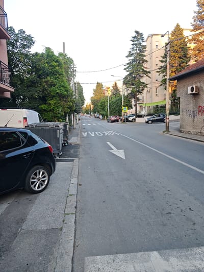 The image shows a street scene in Vozdovac Urban Municipality, Serbia, with buildings and trees lining the road. The time of day appears to be late afternoon or early evening, as suggested by the warm lighting on the trees. The weather seems pleasant.

Several objects are visible in the scene. On the left side of the road, there are large grey dumpsters and a white van. A black car is parked on the street, partially obscuring the dumpsters. The road itself has white markings, including a pedestrian crossing and a directional arrow painted on the asphalt. There are also several parked cars further down the street. Buildings of varying heights and architectural styles are present on both sides of the road. Some buildings have balconies, and one has an air conditioning unit mounted on its brick exterior. Trees are abundant, with some reaching considerable heights and casting shadows. There are also lampposts and utility poles visible.

No people are clearly depicted in the image, suggesting the scene is captured from a stationary viewpoint or as people are not the primary focus. The overall impression is of a typical urban residential or commercial street.

Visible text includes a red number "100" on a white circular sign on the van, and graffiti on the brick building on the right, which appears to be illegible or stylized text. The road markings include Cyrillic letters that appear to spell out "VODAX".