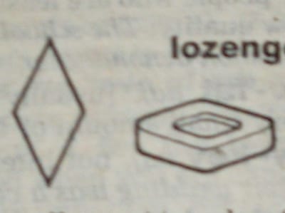 The image shows a drawing of a lozenge shape and a 3D depiction of a lozenge-shaped object with a hole in the center. The word "lozenge" is partially visible above the 3D object. There is no information in the image to suggest it is located in Owerri, Nigeria, or any other location.